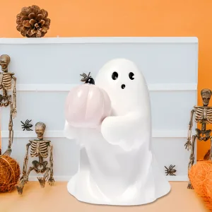 Resin Pumpkin Ghost Figurine Home Ornament Spooky Ghost Desktop Sculpture Holding Pink Pumpkin Ghost Halloween Home Office Decor