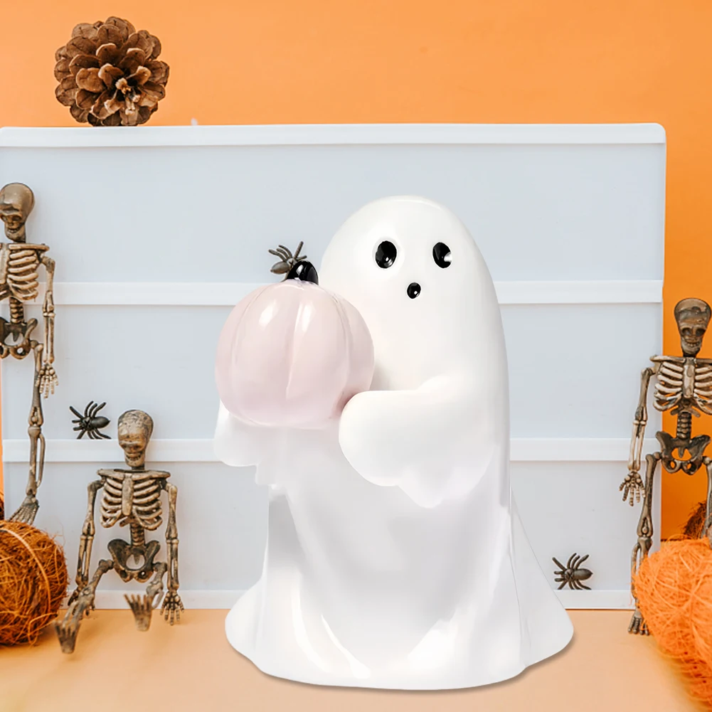 Resin Pumpkin Ghost Figurine Home Ornament Spooky Ghost Desktop Sculpture Holding Pink Pumpkin Ghost Halloween Home Office Decor