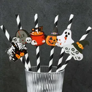 6pcs Halloween Straws Pink Paper Straws Skeleton Spider Water Cup Drink Decoration Disposable Straws Halloween Party Decoration