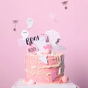 Pink Halloween Party Skull Pumpkin Ghost Spider Spiral Hangings BOO Bat Cake Topper Happy Halloween Banner Cake Decors