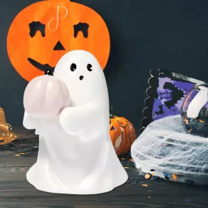 Resin Pumpkin Ghost Figurine Home Ornament Spooky Ghost Desktop Sculpture Holding Pink Pumpkin Ghost Halloween Home Office Decor