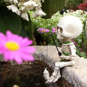Halloween Skeleton Fishing Figurine Resin Statue Indoor Outdoor Garden Yard Party Decor Sculpture Crafts Fishing Skull