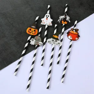 6pcs Halloween Straws Pink Paper Straws Skeleton Spider Water Cup Drink Decoration Disposable Straws Halloween Party Decoration