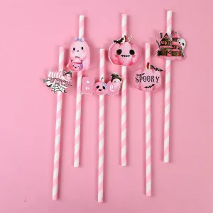 6pcs Halloween Straws Pink Paper Straws Skeleton Spider Water Cup Drink Decoration Disposable Straws Halloween Party Decoration
