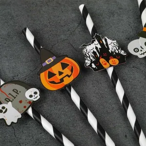 6pcs Halloween Straws Pink Paper Straws Skeleton Spider Water Cup Drink Decoration Disposable Straws Halloween Party Decoration