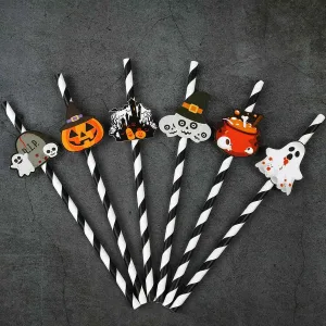 6pcs Halloween Straws Pink Paper Straws Skeleton Spider Water Cup Drink Decoration Disposable Straws Halloween Party Decoration