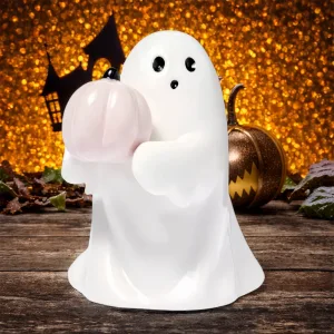 Cute Ghost Hold Pumpkin Statue Spooky Resin Ghost Pink Pumpkin Figurine Spooky Ghost Desktop Sculpture Halloween Decor