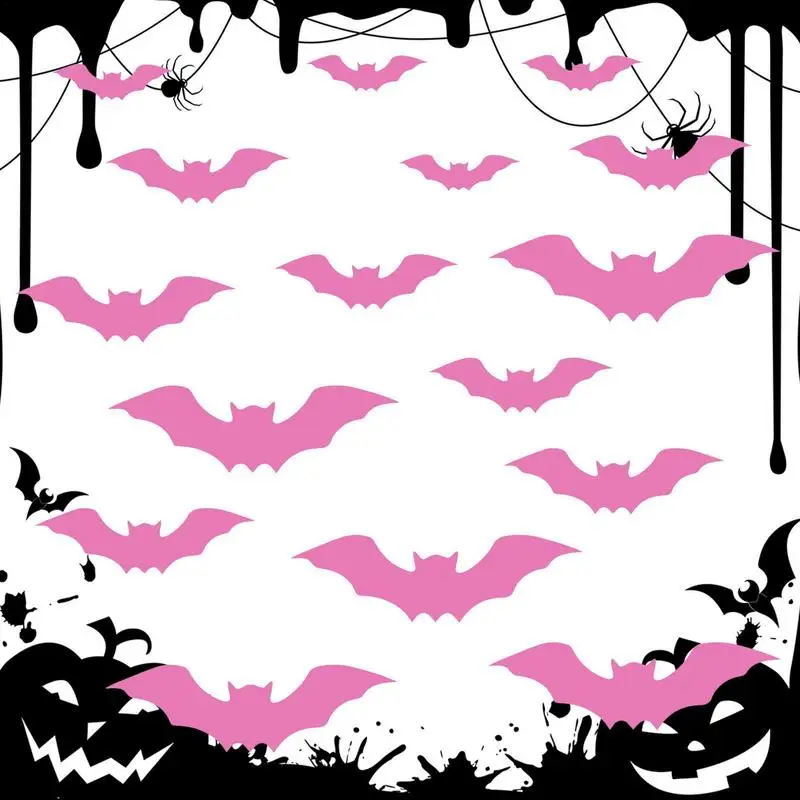 16Pcs Pink Halloween Bat Wall Sticker 3D Wall Stickers Halloween Decorations