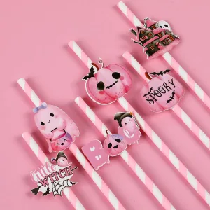 6pcs Halloween Straws Pink Paper Straws Skeleton Spider Water Cup Drink Decoration Disposable Straws Halloween Party Decoration