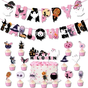 Pink Halloween Party Skull Pumpkin Ghost Spider Spiral Hangings BOO Bat Cake Topper Happy Halloween Banner Cake Decors