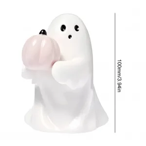 Resin Pumpkin Ghost Figurine Home Ornament Spooky Ghost Desktop Sculpture Holding Pink Pumpkin Ghost Halloween Home Office Decor