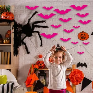 16Pcs Pink Halloween Bat Wall Sticker 3D Wall Stickers Halloween Decorations