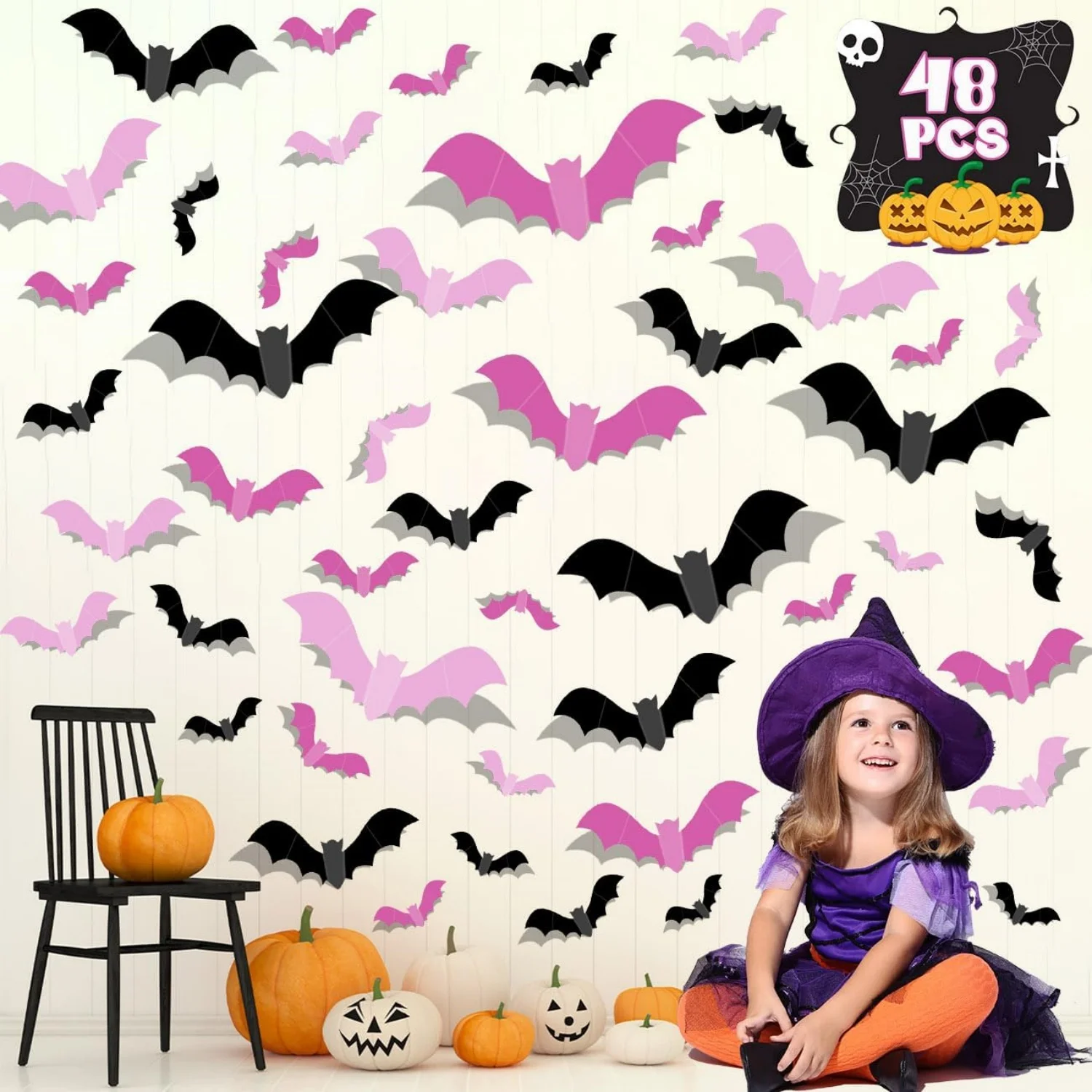 48pcs Pink Halloween Decor Three Colors Bat Decor Halloween DIY Wall Decor for Bathroom Indoor Cute Halloween Party Decorations