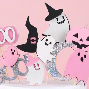 Pink Halloween Party Skull Pumpkin Ghost Spider Spiral Hangings BOO Bat Cake Topper Happy Halloween Banner Cake Decors