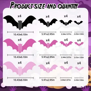 48pcs Pink Halloween Decor Three Colors Bat Decor Halloween DIY Wall Decor for Bathroom Indoor Cute Halloween Party Decorations