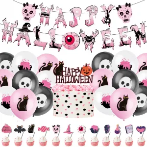 Pink Halloween Party Skull Pumpkin Ghost Spider Spiral Hangings BOO Bat Cake Topper Happy Halloween Banner Cake Decors